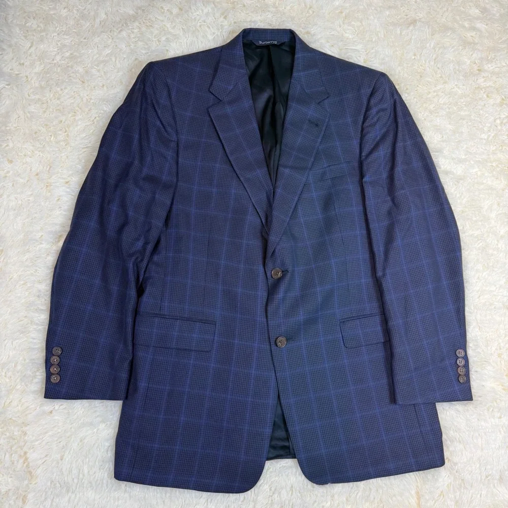 Burberrys Blazer Mens 42R Navy Blue Plaid Houndstooth Sport Coat Old Money Prep